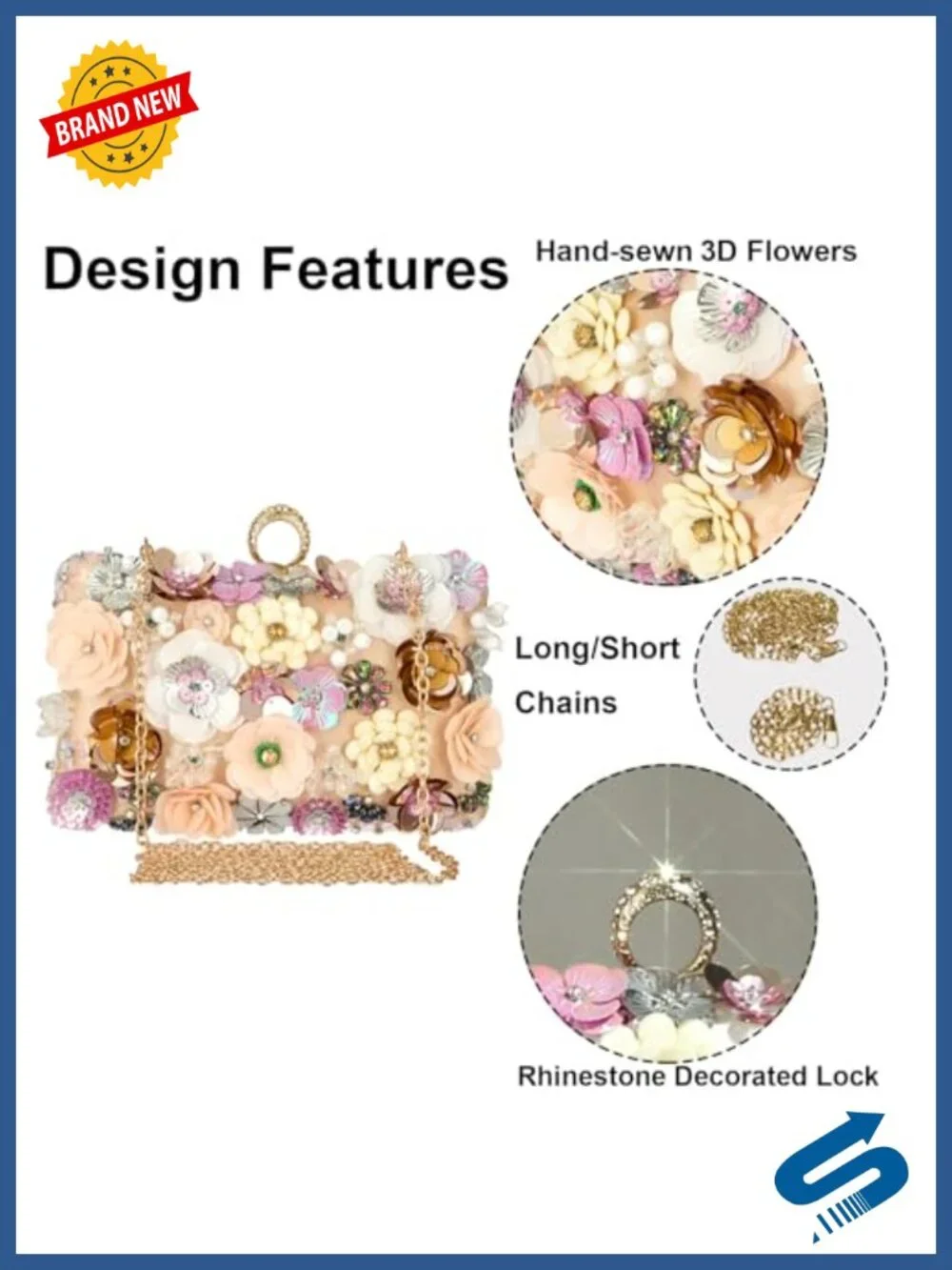 Womens Floral Sequin Rhinestone Evening Clutch with Detachable Chain
